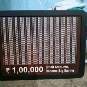 Large handcrafted wooden money box with 1 lakh saving goal counter and carved design